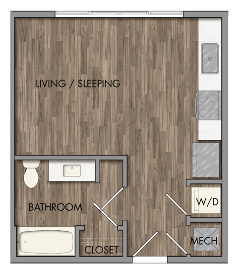 Floor plan for studio, 1 bath, 400 sqft